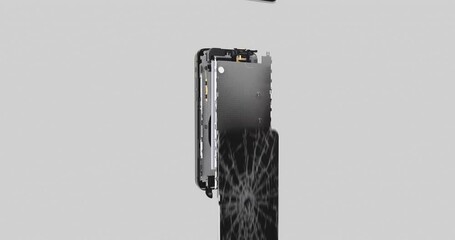 Detailed 3D animation showing hardware and components inside and repair damaged front glass. Black and white matte layer for compositing with other background.