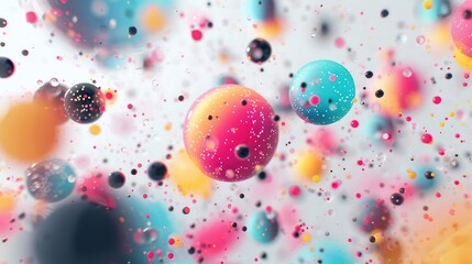 Wall Mural - black and colorful spheres in dynamic movement floating in the air on a white background, nice depth and blur