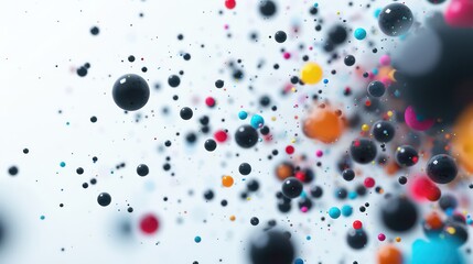 Wall Mural - black and colorful spheres in dynamic movement floating in the air on a white background, nice depth and blur