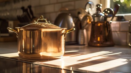Fototapete - A close-up of a shiny copper pot gleaming on a sunlit kitchen countertop, a timeless symbol of culinary craftsmanship.
