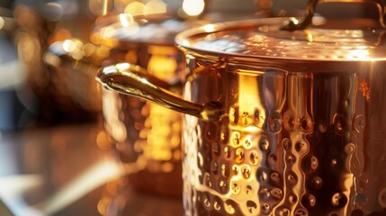 Fototapete - A close-up of a shiny copper pot gleaming on a sunlit kitchen countertop, a timeless symbol of culinary craftsmanship.