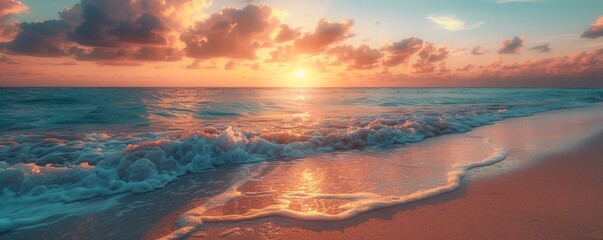 Dreamlike Sunrise Beach in the Maldives. Dream Honeymoon Shoreline. Summer background.
