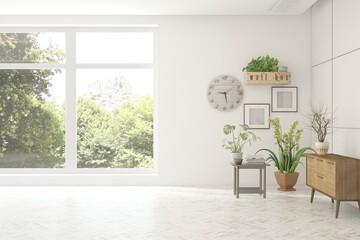 Wall Mural - White empty room with summer landscape in window. Scandinavian interior design. 3D illustration