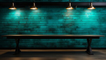 Canvas Print - a table with three lights on it in front of a brick wall with a wooden floor