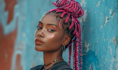 Wall Mural - Woman with pink braids near wall