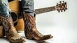 a cowboy hat, lasso, and boots set against a white background, accompanied by a guitar, evoking the spirit of the Wild West and the soulful tunes of country melodies.