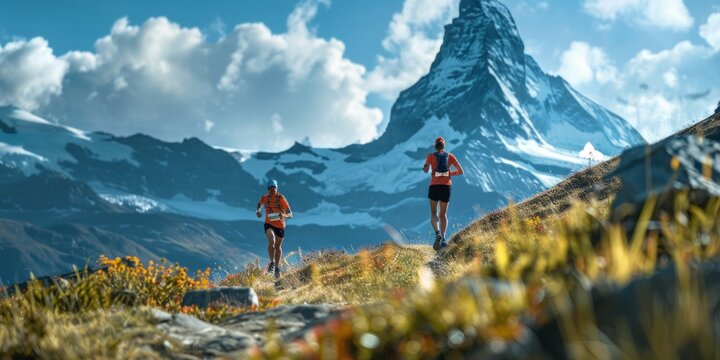 Runners on the mountain with against Matterhorn backdrop