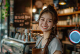 Fototapeta  - Beautiful female barista in the cafe