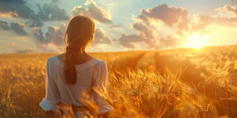 Anonymous woman embracing nature in wheat field.