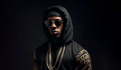 Wall Mural - Rapper wearing a hoddie, sunglasses and gold chains. Portrait of a hip hop artist with copy space