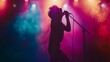 © Plaifah - A dramatic silhouette of a singer on stage, microphone raised triumphantly against a backdrop of vibrant stage lights.