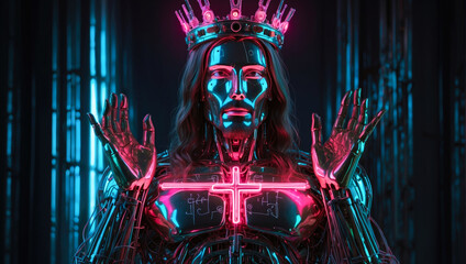 jesus christ the messiah style modern version cyberpunk robot with neon lights