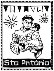 Wall Mural - Saint Anthony with baby Jesus in his arms. Woodcut style for June festival.