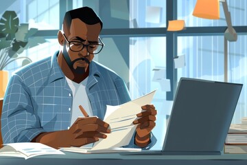 African american man received bad news notification online from phone, businessman in shirt working with laptop in middle of modern office building, man in glasses reading online, Generative AI