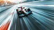 A dynamic shot of a racing car hurtling down a straightaway at top speed, leaving a blur of motion in its wake as it races towards victory.