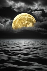 Wall Mural - AI generated illustration of a moon rising over water with cloudy sky and dark clouds above