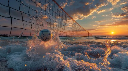 Volleyball net made of flowing water, ball splashing upon impact, beach setting with surreal sunset