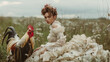  high-fashion model in a sleek, modern outfit holding a vibrant rooster, set against an urban backdrop