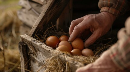 A farmer's hand reaching into a nesting box to collect warm eggs, a daily ritual made possible by the dedication of mother hens.