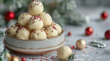 Wall Mural -   White chocolate bowl sprinkled with red and gold ornaments