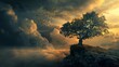The image features a solitary tree perched on the edge of a rocky cliff, with its branches spreading widely against a dramatic sky. The sky is filled with a mix of clouds, some dark and ominous, other