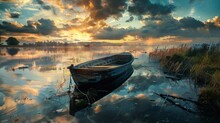 An Old Wooden Boat Is Moored On The Calm Waters Of A Lake During Sunrise Or Sunset. The Sky Is Dramatic, With Patches Of Blue Peeking From Behind Orange And Yellow Illuminated Clouds. Sunrays Peek Thr