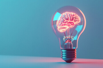 Wall Mural - A 3D render of a light bulb with a neon glowing brain inside, placed on a pastel sky blue background, denoting clarity of thought  