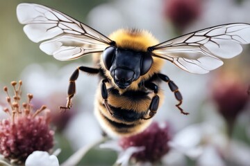 Canvas Print - 'macro stunning transparent ai a flying isolated incredible pollinator bee generative background insect flower nature honey fly pollen animal closeup yellow summer white wing spring bug bumblebee'