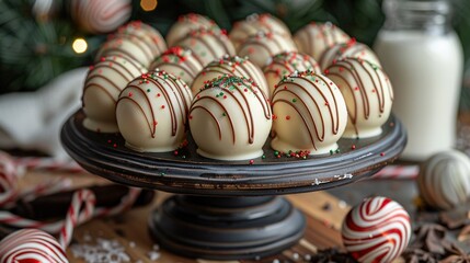 Sticker -   A chocolate-covered truffle platter with sprinkles and a milk bottle in the background is optimized as A chocolate-covered truffle platter with sprinkles and a milk