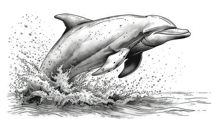 Sticker -   A monochrome illustration depicts a dolphin leaping from the sea, with its head emerging above the waterline