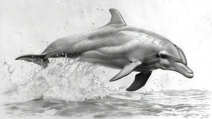 Poster -   A monochrome image depicts a dolphin leaping from water with droplets on its face