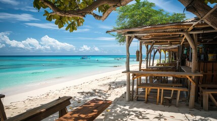 tropical beach wallpaper with a beautiful landscape and a bar by the water