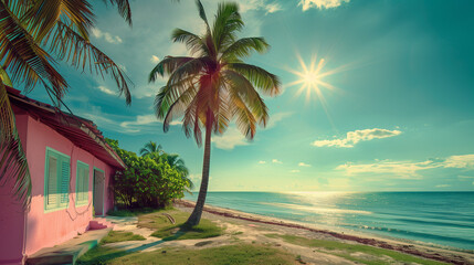 Wall Mural - beach with palm trees and sunset