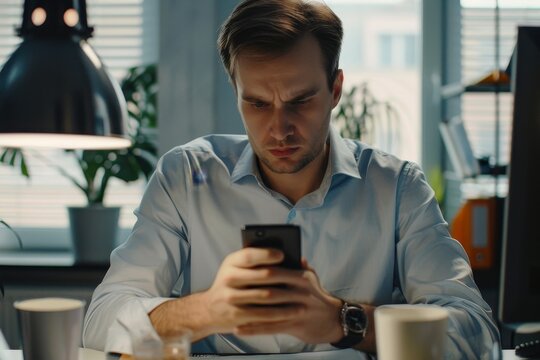 Upset frustrated man holding phone inside office, sad businessman reading bad news online, boss experienced financier accountant unhappy with workplace achievement, Generative AI