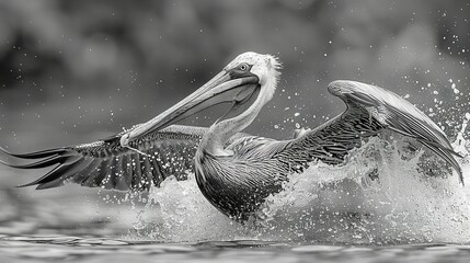 Wall Mural -   A black-and-white picture captures a pelican soaring off the water as its wings unfurl