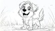   Black-and-white illustration of a contented canine standing amidst lush vegetation, displaying a broad grin on its expressive countenance