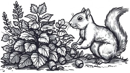 Canvas Print -   Black & white illustration of a squirrel gathering berries from a bush surrounded by foliage