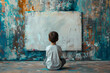 A child staring at a blank canvas, waiting for inspiration 