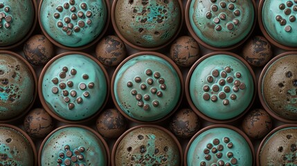 Poster -   Brown and green vases sit together on wooden table