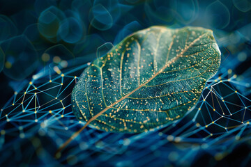 A closeup of a biocybernetic leaf symbolizing the fusion of natural and technological efforts in achieving net zero  