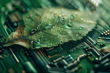 A closeup of a biocybernetic leaf symbolizing the fusion of natural and technological efforts in achieving net zero  