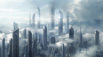 Aufkleber - A panoramic view of a futuristic city skyline with towering skyscrapers and state-of-the-art architecture, embodying innovation and ambition.