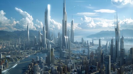 Aufkleber - A panoramic view of a futuristic city skyline with towering skyscrapers and state-of-the-art architecture, embodying innovation and ambition.
