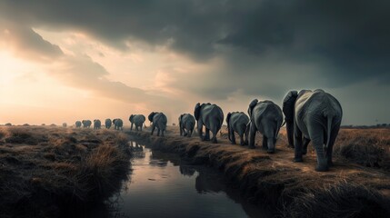 Wall Mural - elephants walking in a line to a river  