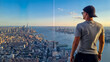 A man in a cap standing at the observatory deck of The Edge with captivating aerial view of New York City skyline over the Hudson River during the dusk. Endless rows of tall buildings. Travelling