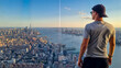 A man in a cap standing at the observatory deck of The Edge with captivating aerial view of New York City skyline over the Hudson River during the dusk. Endless rows of tall buildings. Travelling
