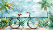 Watercolor illustration of green bike with tropical plant background