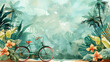 Watercolor illustration of green bike with tropical plant background, summer time, copy space for text