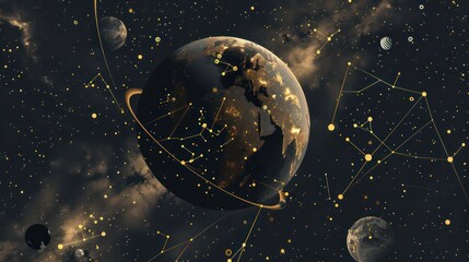 beautiful illustration of the universe cosmic space with planets and stars including minimal geometr