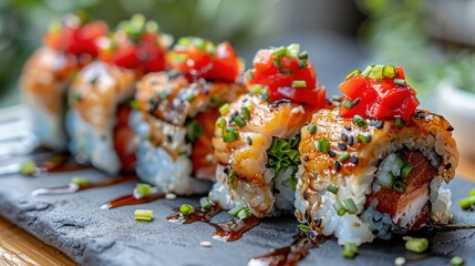 Sticker -   A close-up of a sushi on a plate, with sauce and garnishes adorning the top